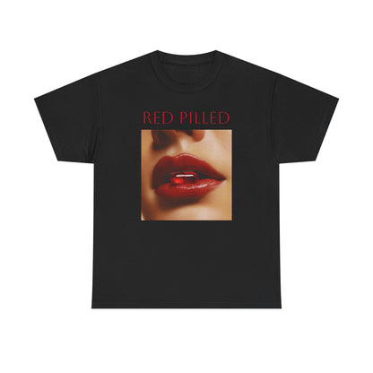 Black red pilled graphic t-shirt featuring bold lip image and striking design