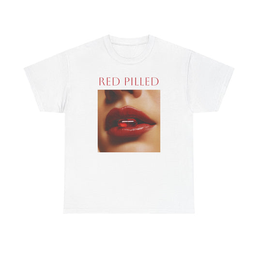 Red Pilled graphic t-shirt featuring bold lips and a red pill design on a white background