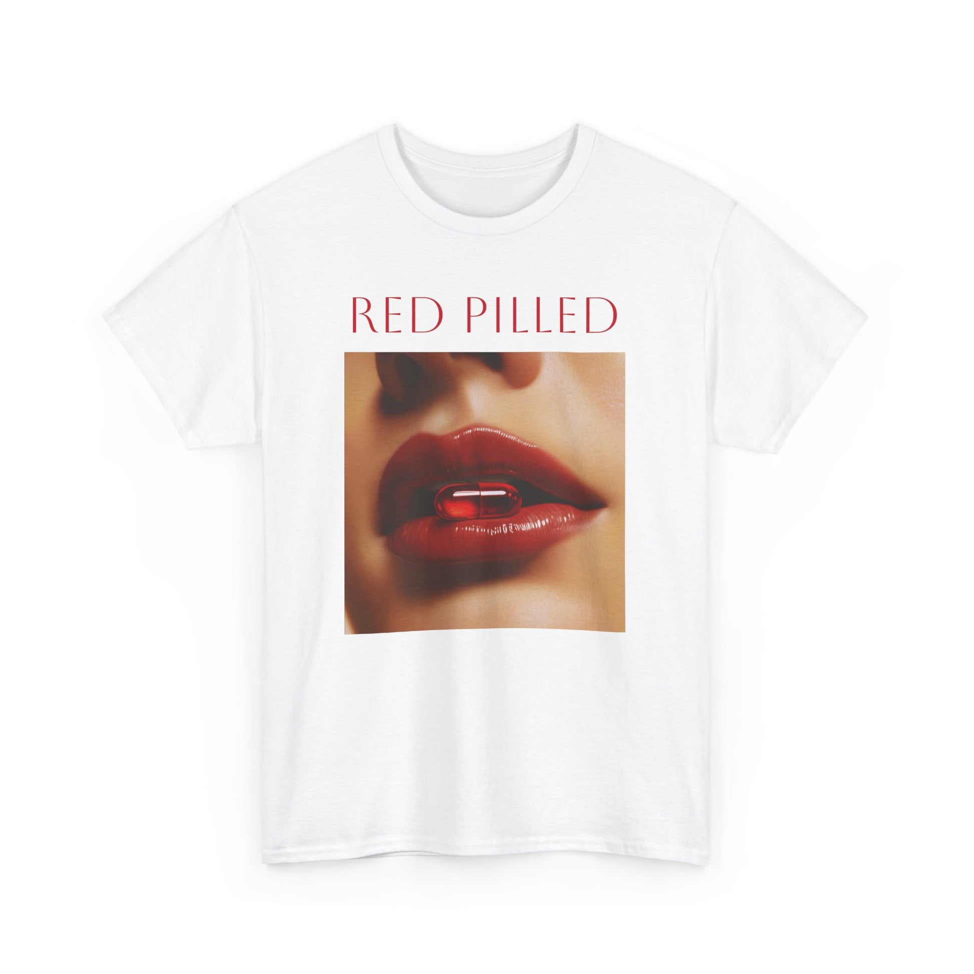 White red pilled graphic t-shirt featuring a bold lip graphic and stylish design