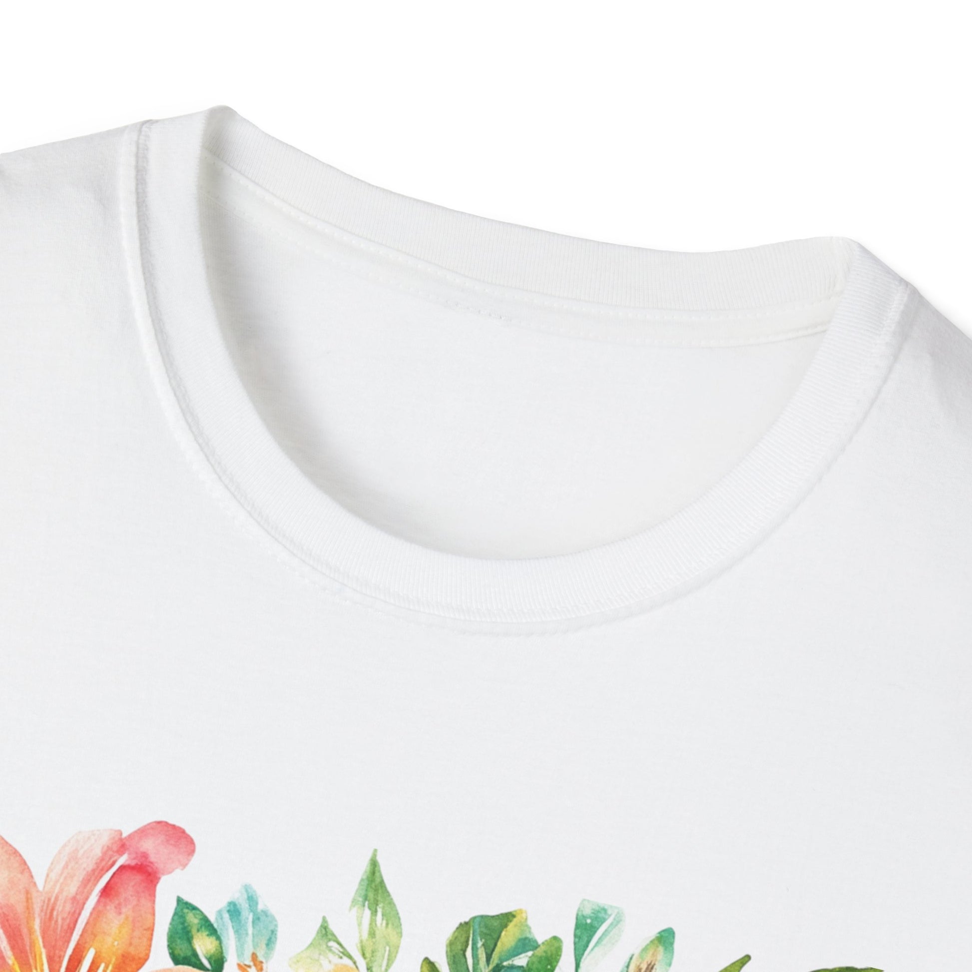 Close-up of a soft fabric neckline of a Reiki Master floral t-shirt with vibrant floral design