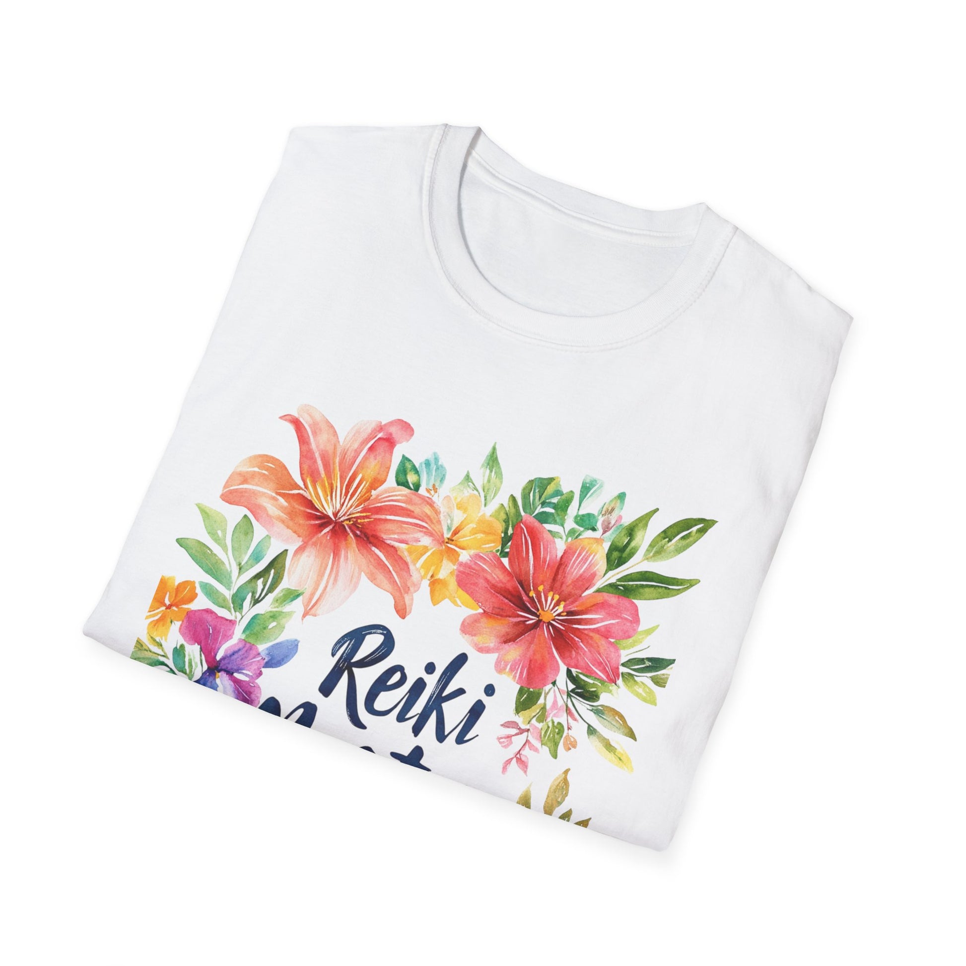 Reiki Master floral t-shirt featuring vibrant flowers on a soft white fabric