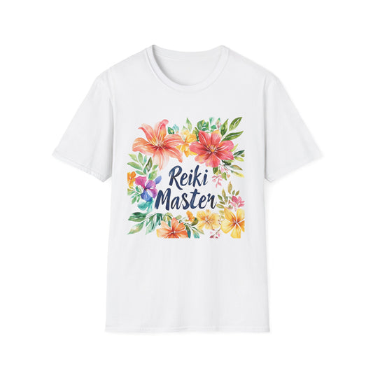 White Reiki Master floral t-shirt featuring vibrant flower designs for Reiki enthusiasts