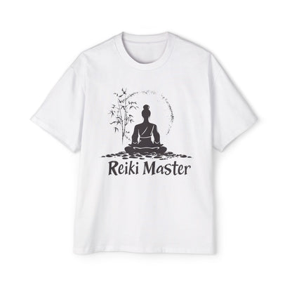 White Reiki Master T-Shirt featuring a meditative Buddha design for spiritual enthusiasts