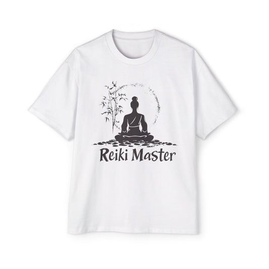 White Reiki Master T-Shirt featuring a meditative Buddha design for spiritual enthusiasts