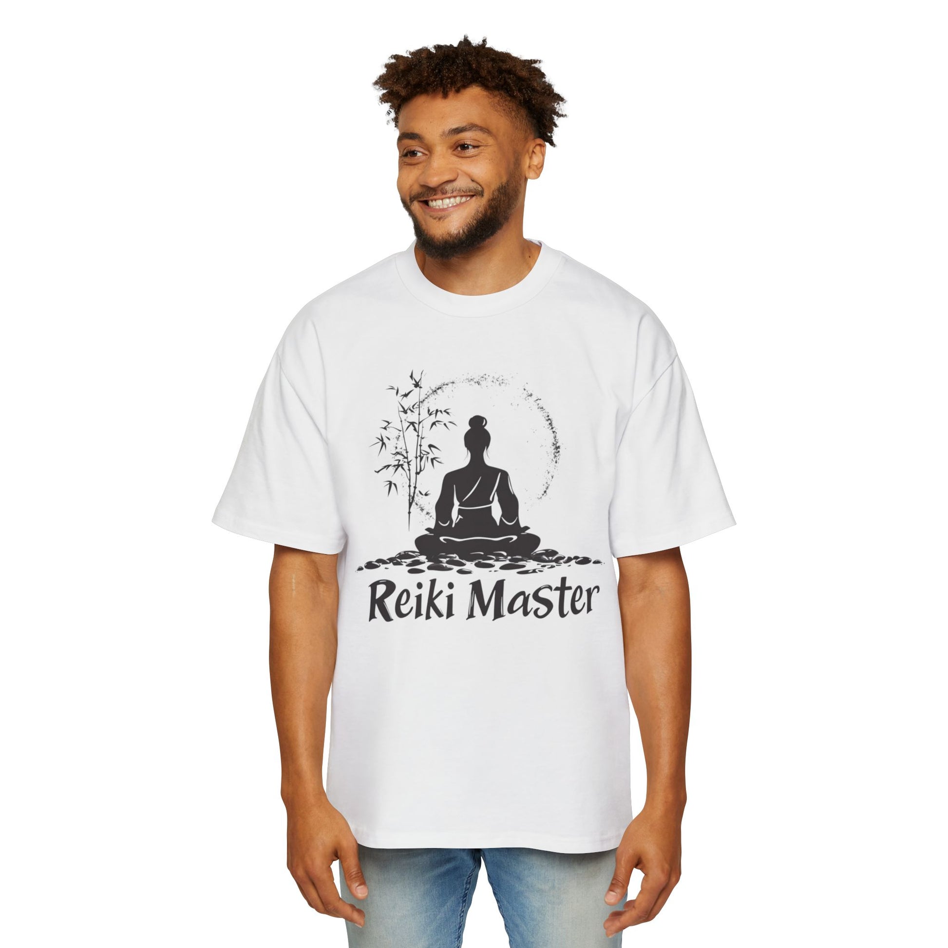White Reiki Master t-shirt featuring a calming design with a meditating figure