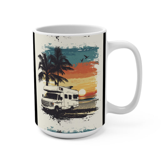 Printify van life mug featuring retro beach sunset design with camper van palm trees and birds