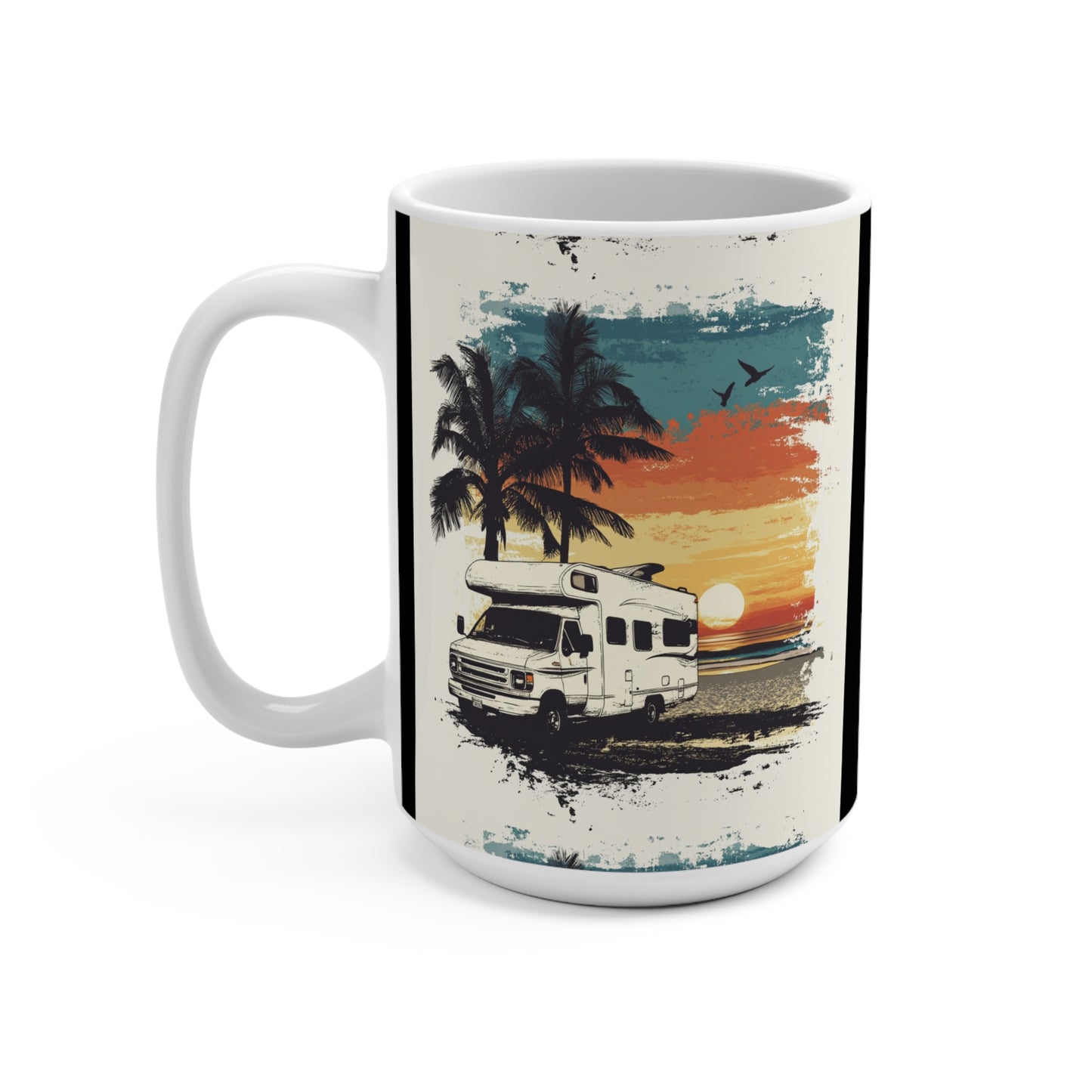 Printify van life mug with vintage RV beach sunset design, palm trees, surfboard and birds