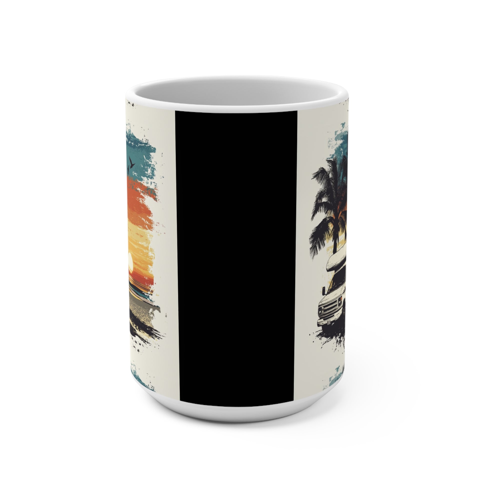Printify ceramic van life mug with retro sunset surfboard and palm tree illustration on white