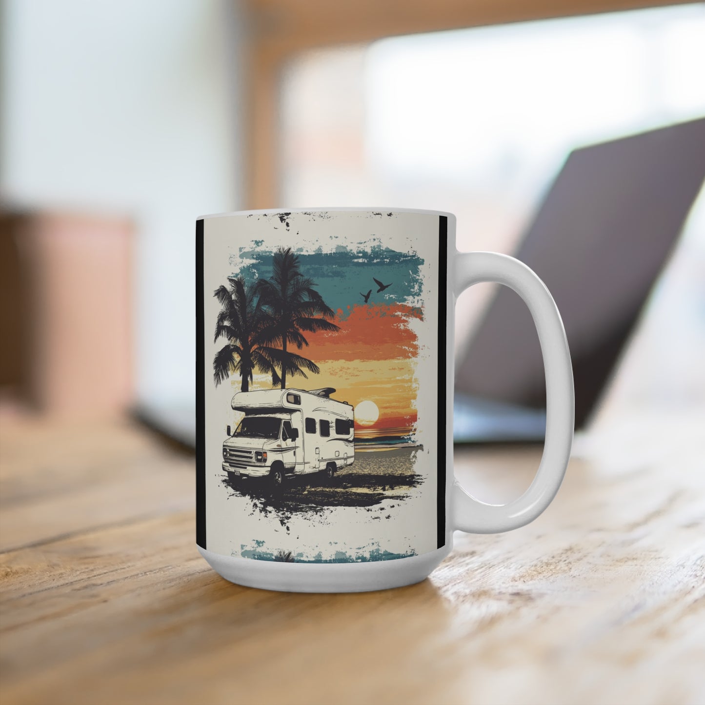 Printify van life mug with retro sunset design featuring camper van palm trees and birds