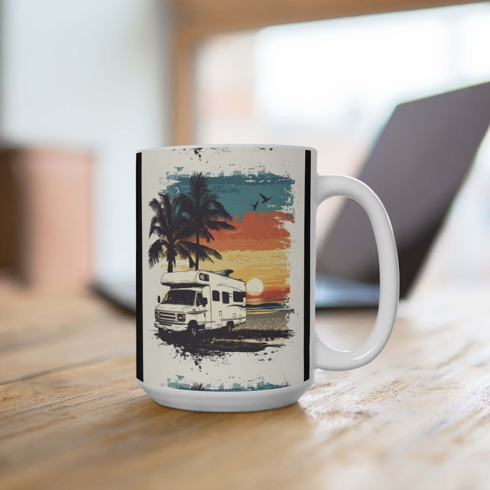 Printify van life mug with retro sunset design featuring camper van palm trees and birds