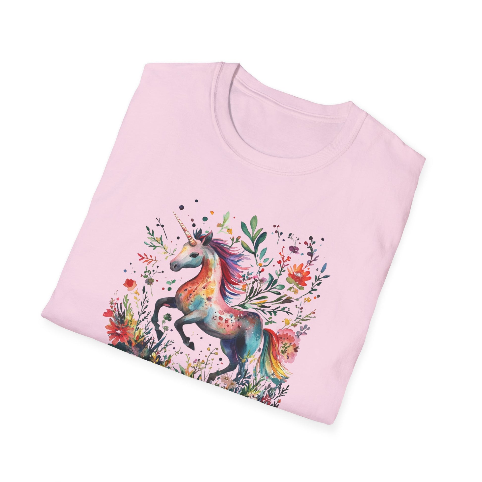 Pink Sagittarius unicorn t-shirt featuring a colorful unicorn surrounded by floral designs