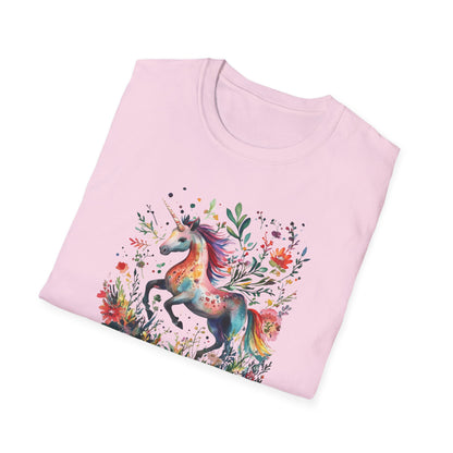Pink Sagittarius unicorn t-shirt featuring a colorful unicorn surrounded by floral designs