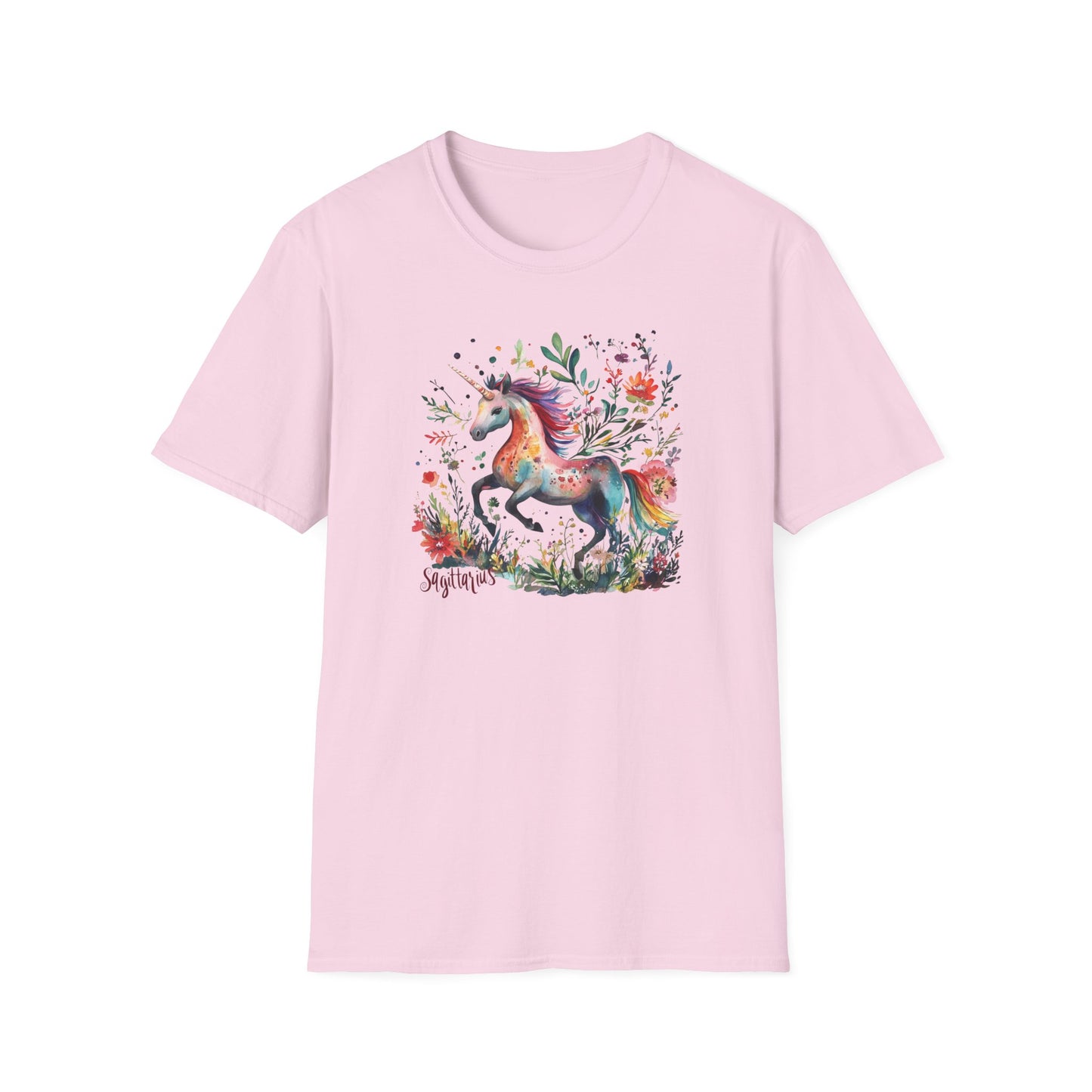 Pink Sagittarius unicorn t-shirt featuring a colorful floral unicorn design for astrology lovers