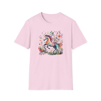 Pink Sagittarius unicorn t-shirt featuring a colorful floral unicorn design for astrology lovers