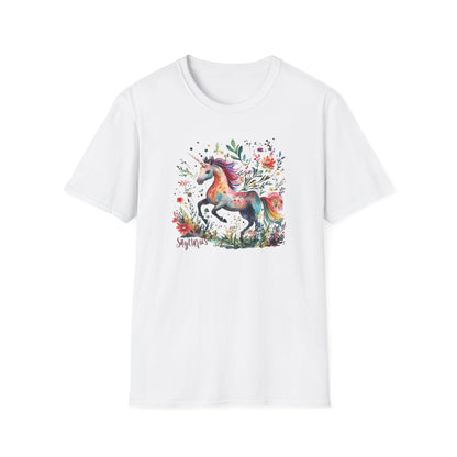 White Sagittarius unicorn t-shirt featuring a vibrant unicorn design surrounded by flowers