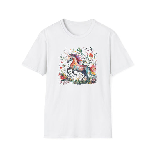 White Sagittarius unicorn t-shirt featuring a vibrant unicorn design surrounded by flowers