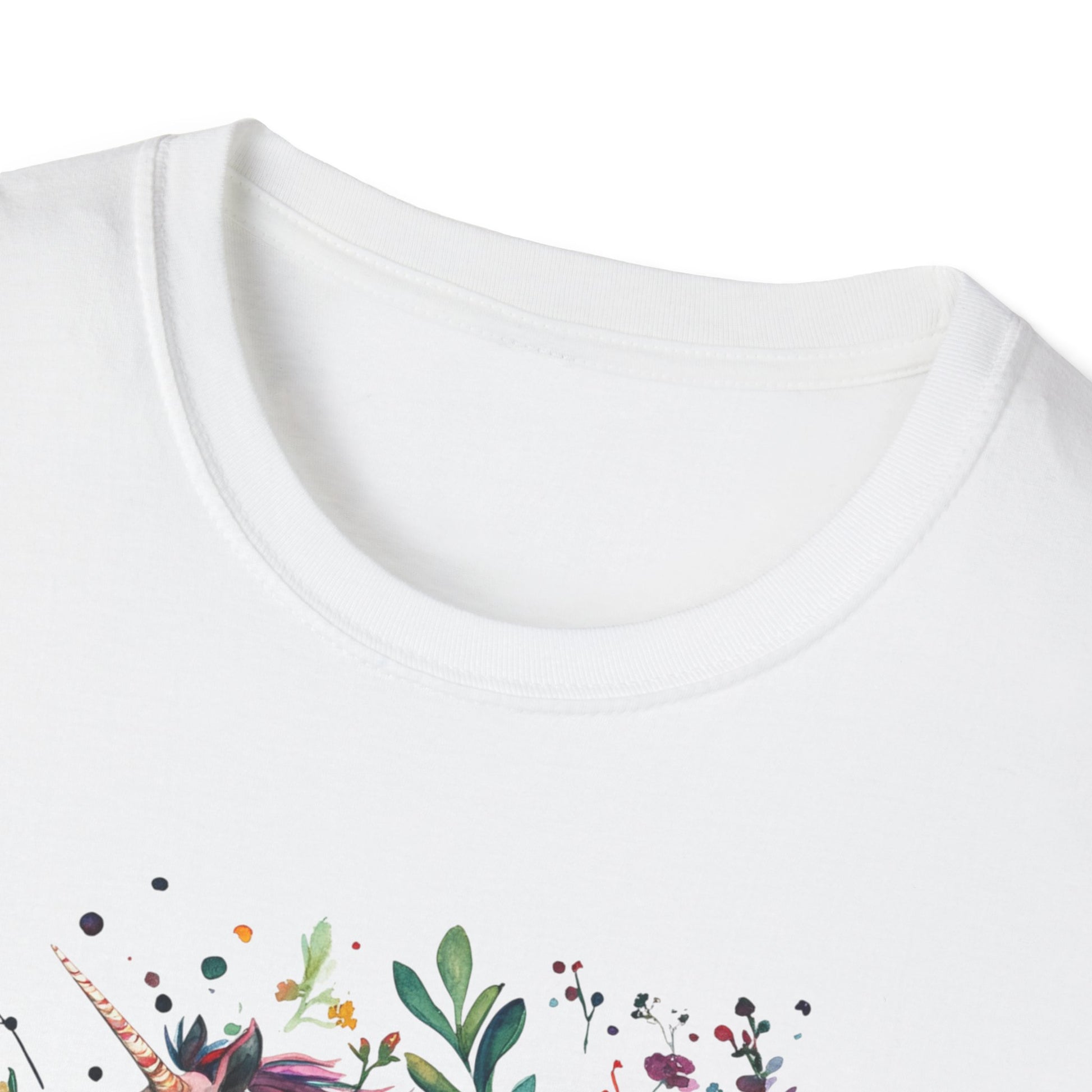 Close-up of a white Sagittarius unicorn t-shirt featuring colorful floral designs