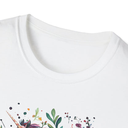 Close-up of a white Sagittarius unicorn t-shirt featuring colorful floral designs