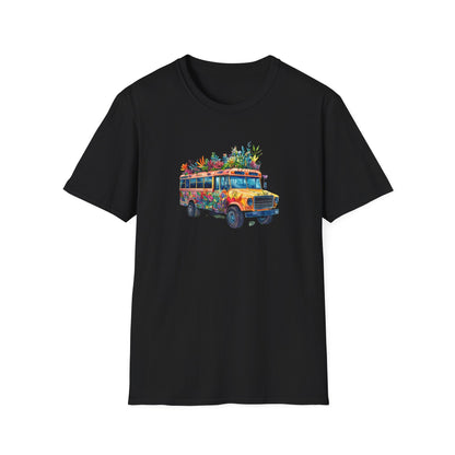 Black skoolie bus t-shirt featuring a vibrant bus design decorated with flowers