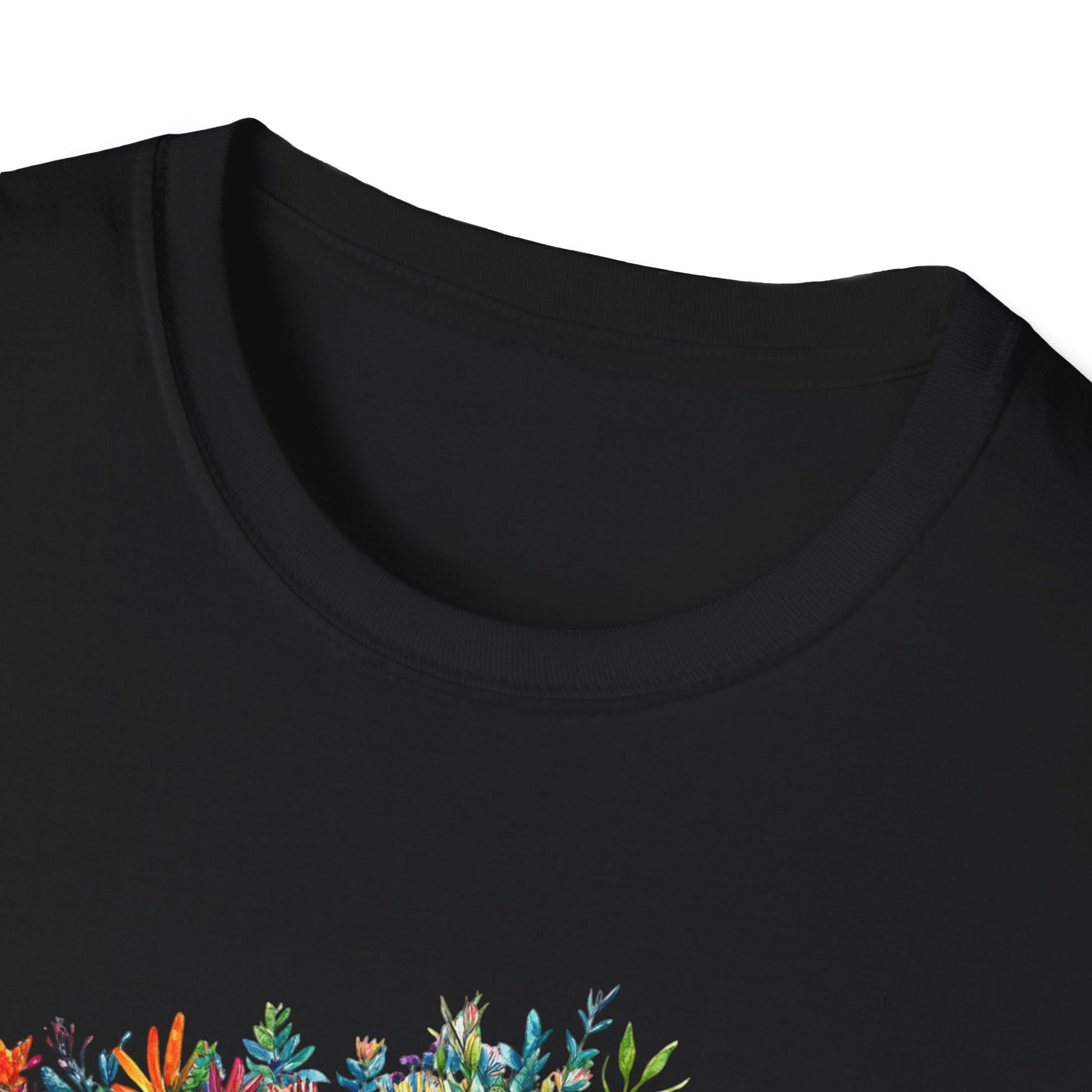 Colorful floral design on a black skoolie bus t-shirt from Printify for casual wear