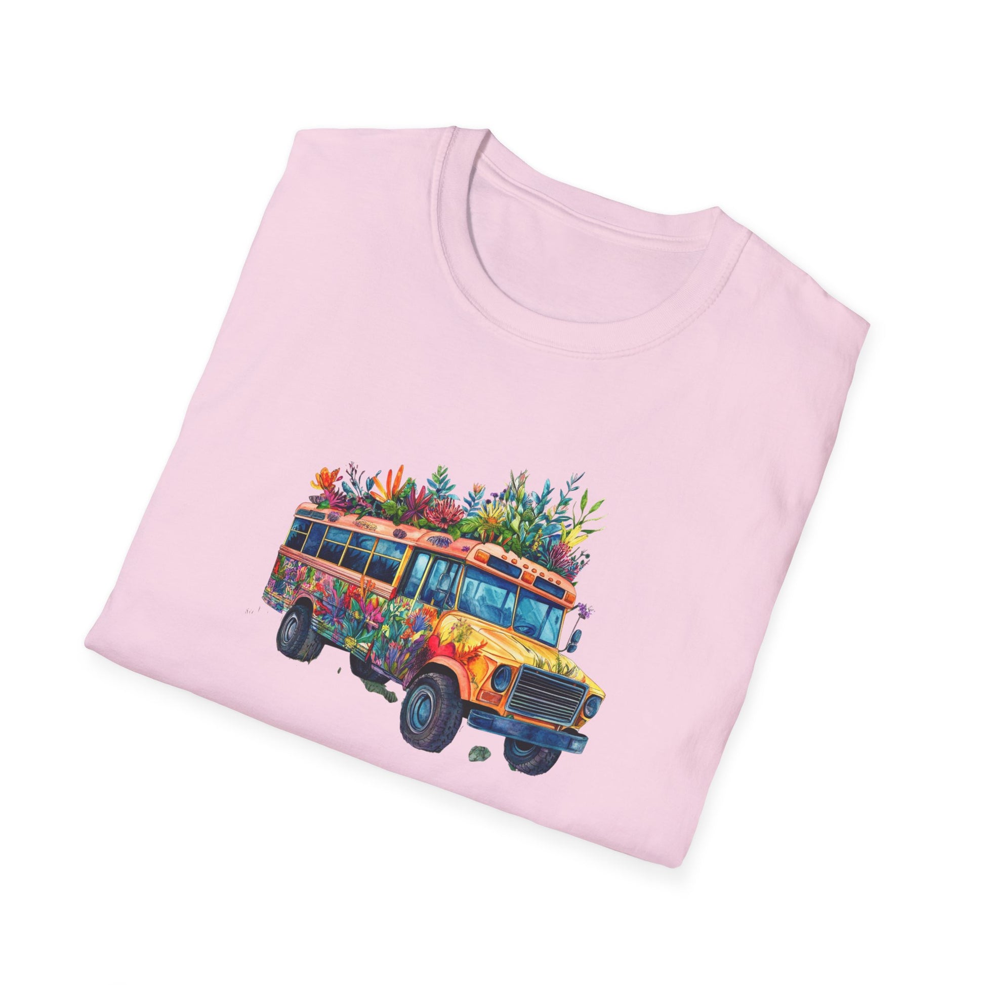 Pink skoolie bus t-shirt featuring a vibrant illustration of a bus with flowers on top