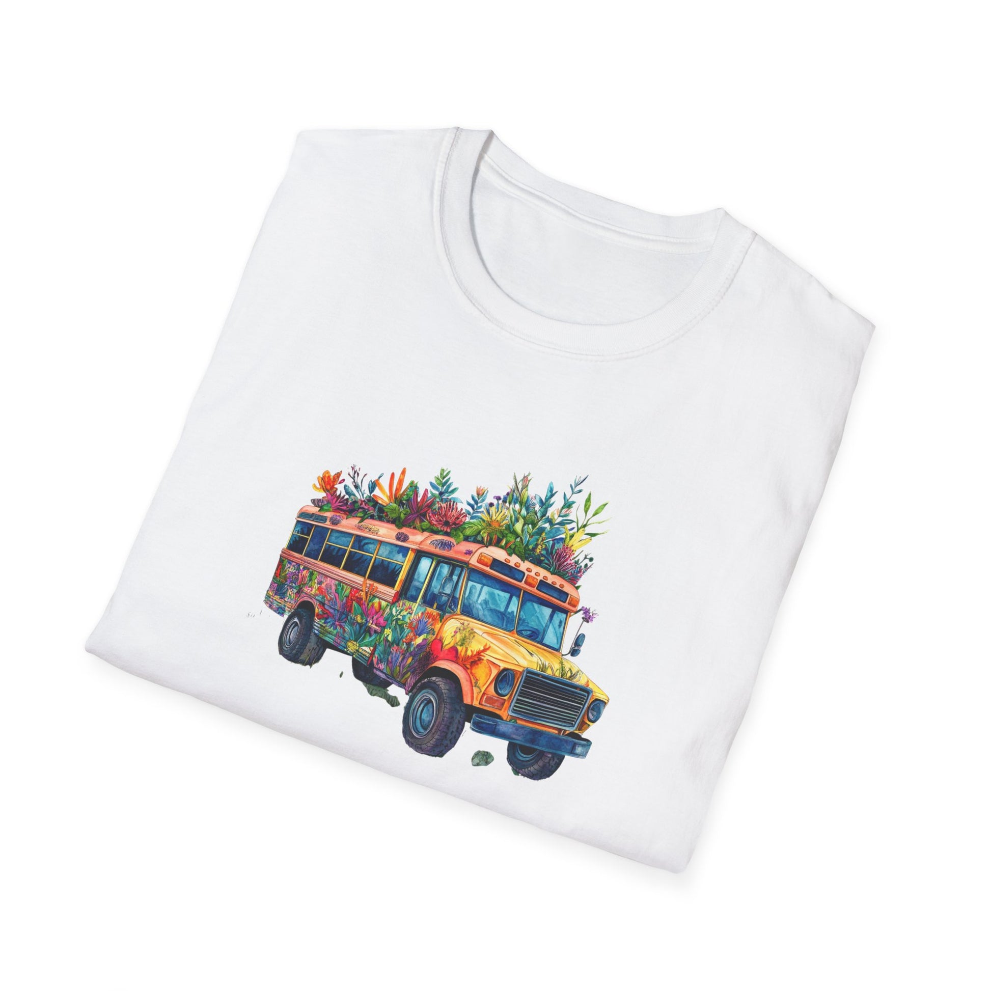 White Skoolie Bus T-Shirt featuring a colorful bus design with vibrant flowers