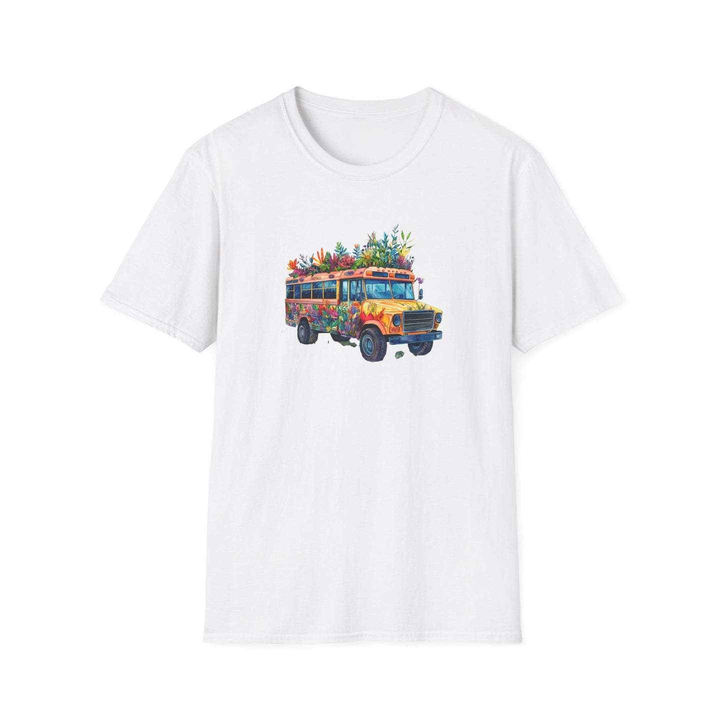 White skoolie bus t-shirt featuring a colorful bus design with plants on top