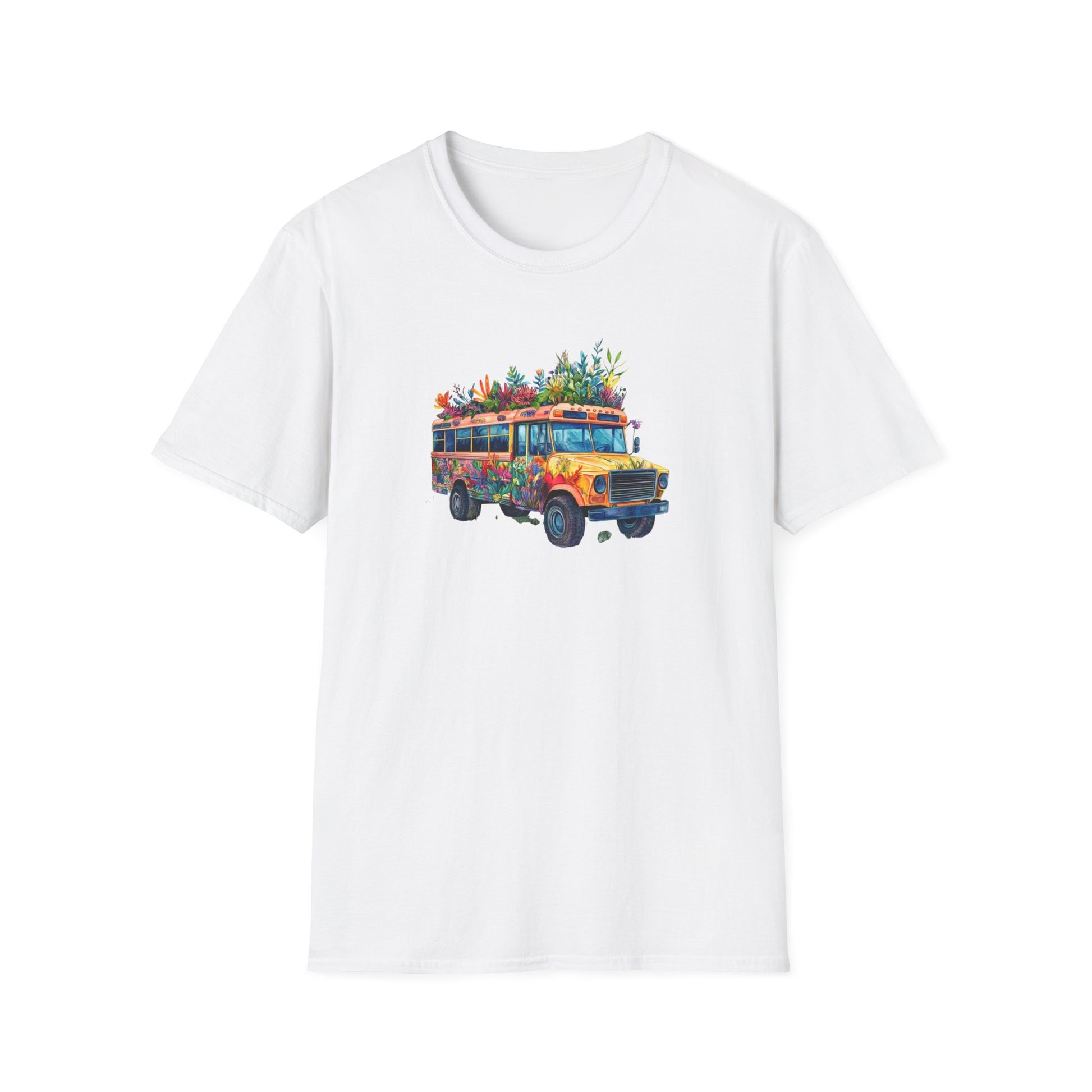 White skoolie bus t-shirt featuring a colorful bus design with plants on top