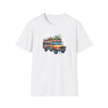 White skoolie bus t-shirt featuring a colorful bus design with plants on top