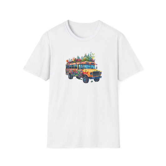 White skoolie bus t-shirt featuring a colorful bus design with plants on top