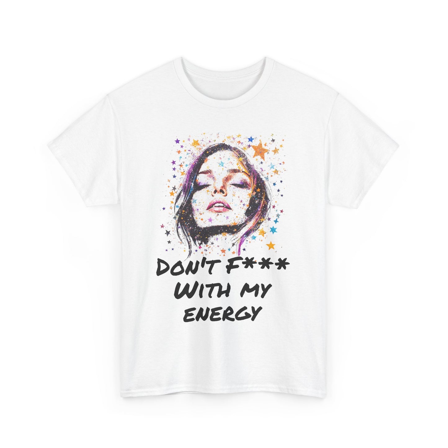 White spiritual graphic tee for women featuring an artistic design with a powerful message about energy