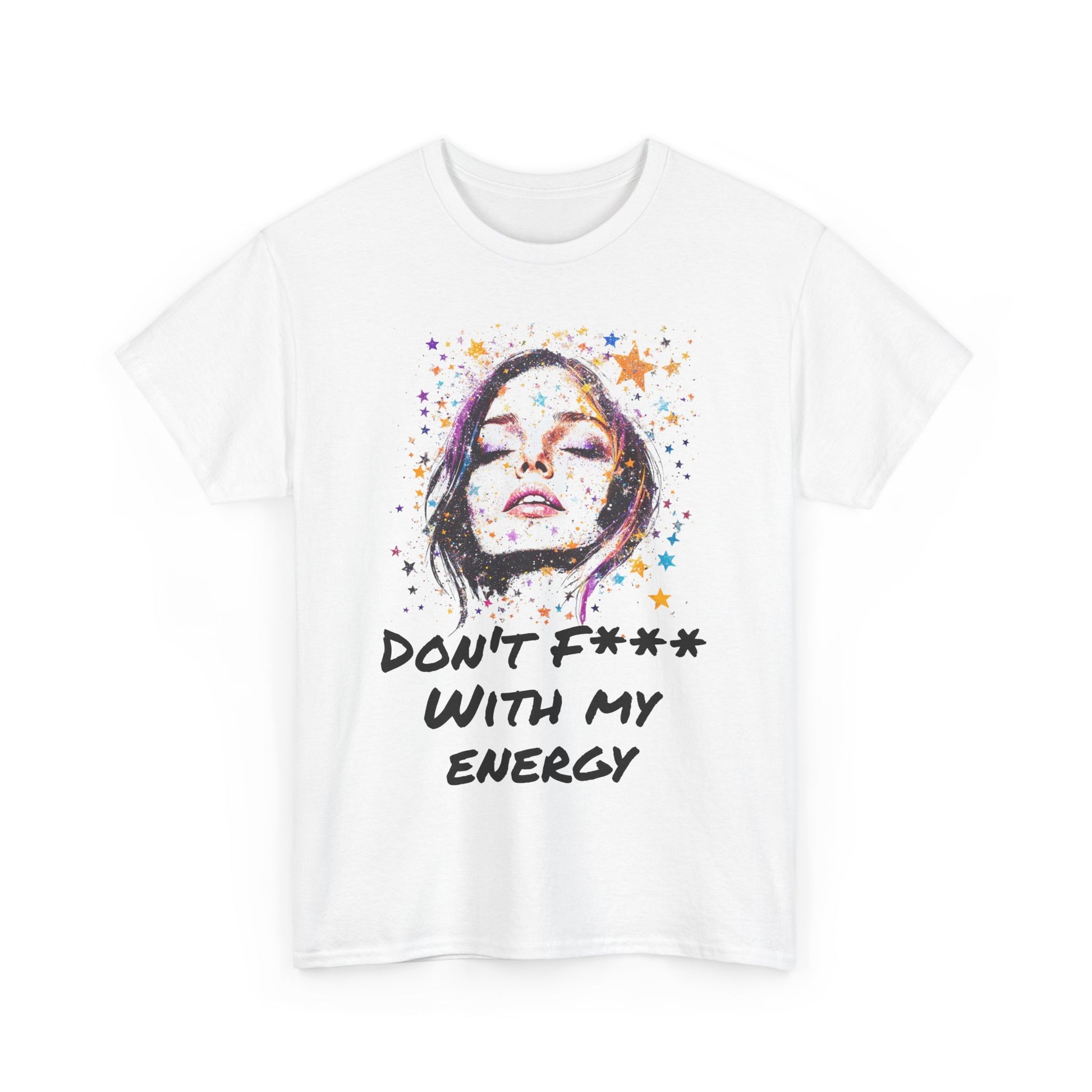 White spiritual graphic tee for women featuring an artistic design with a powerful message about energy