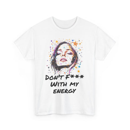 White spiritual graphic tee for women featuring an artistic design with a powerful message about energy