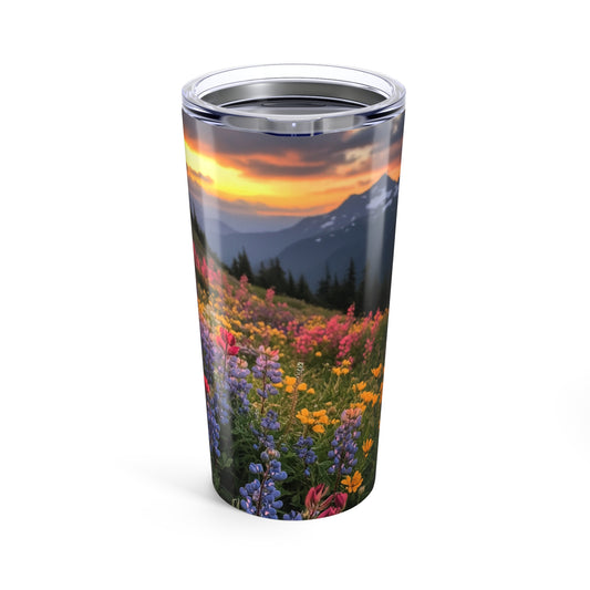 Sunset nature travel mug featuring a vibrant floral landscape and mountain view