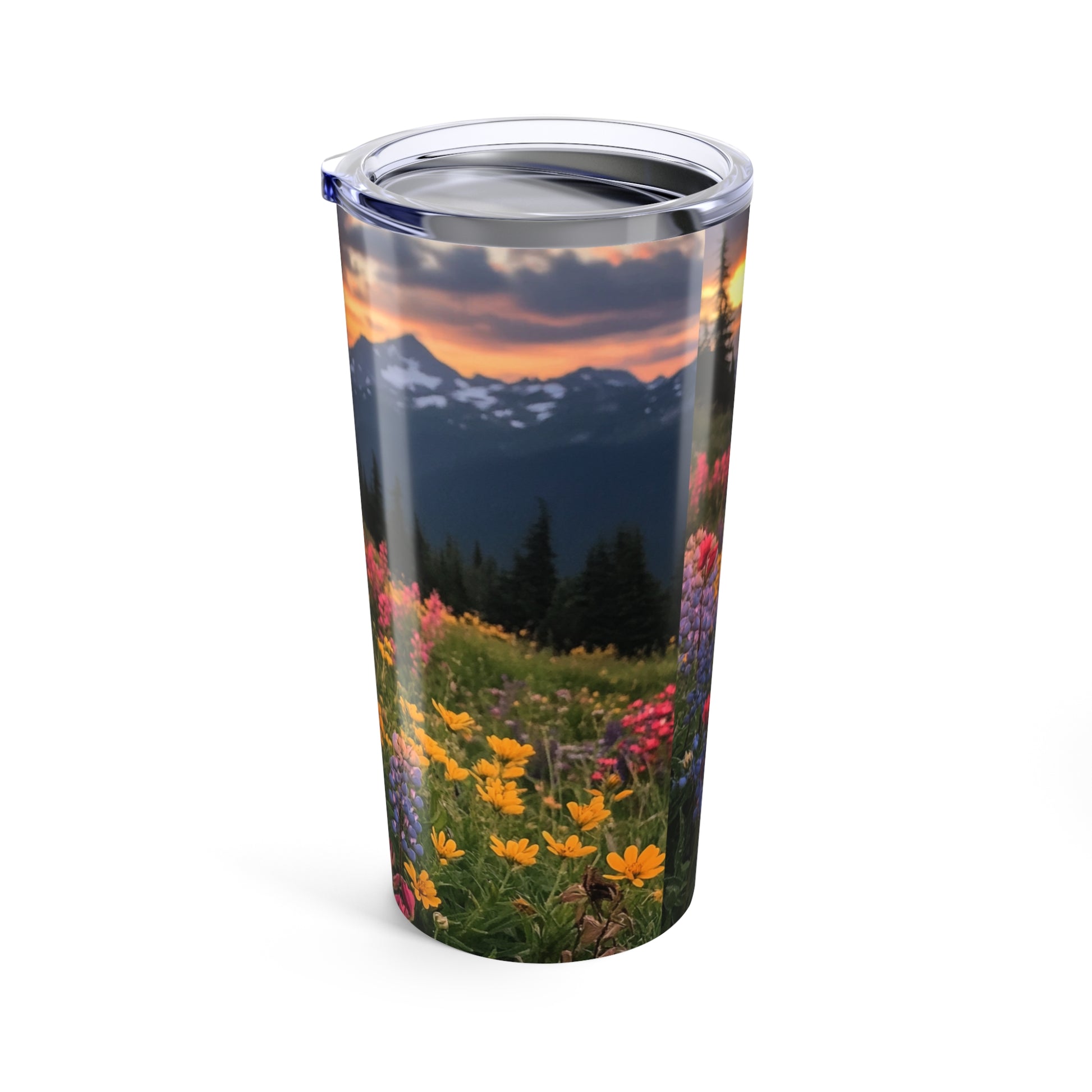 Sunset nature travel mug featuring vibrant flowers and mountains under a colorful sky