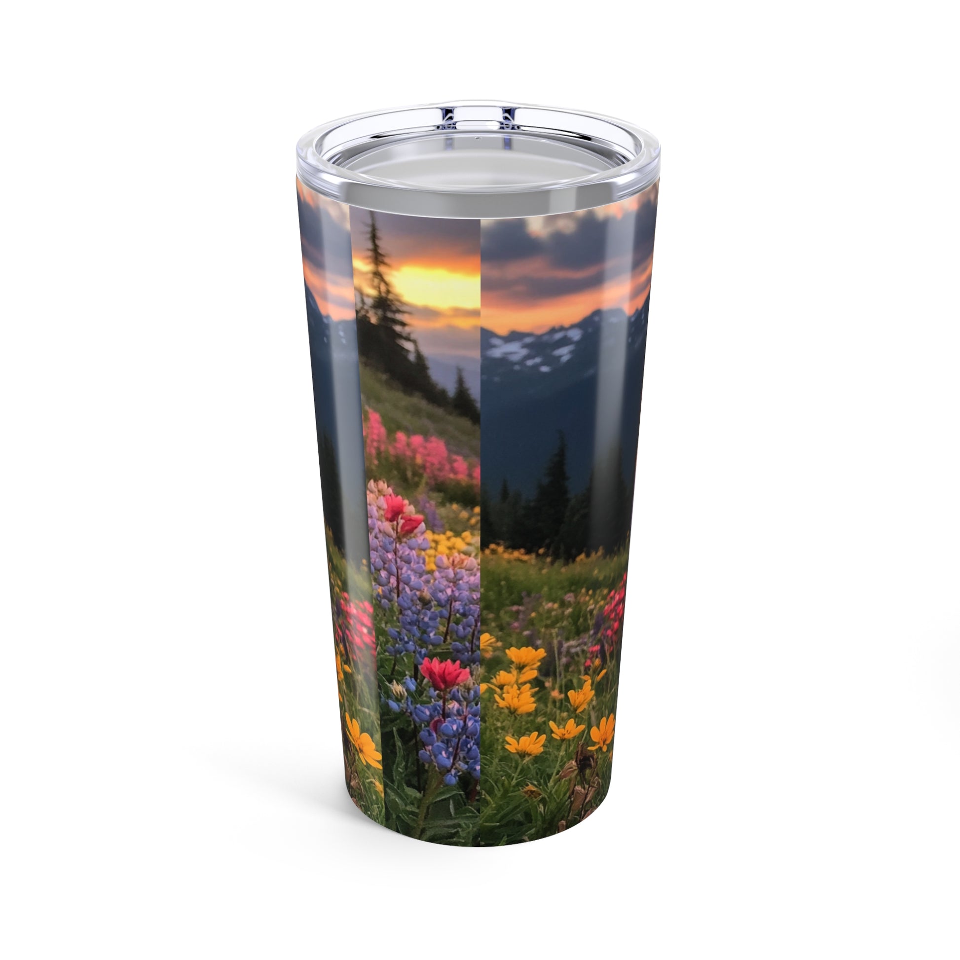Colorful floral landscape on sunset nature travel mug for nature lovers and adventurers