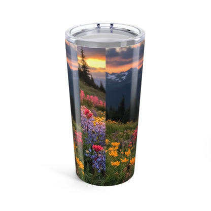 Colorful floral landscape on sunset nature travel mug for nature lovers and adventurers