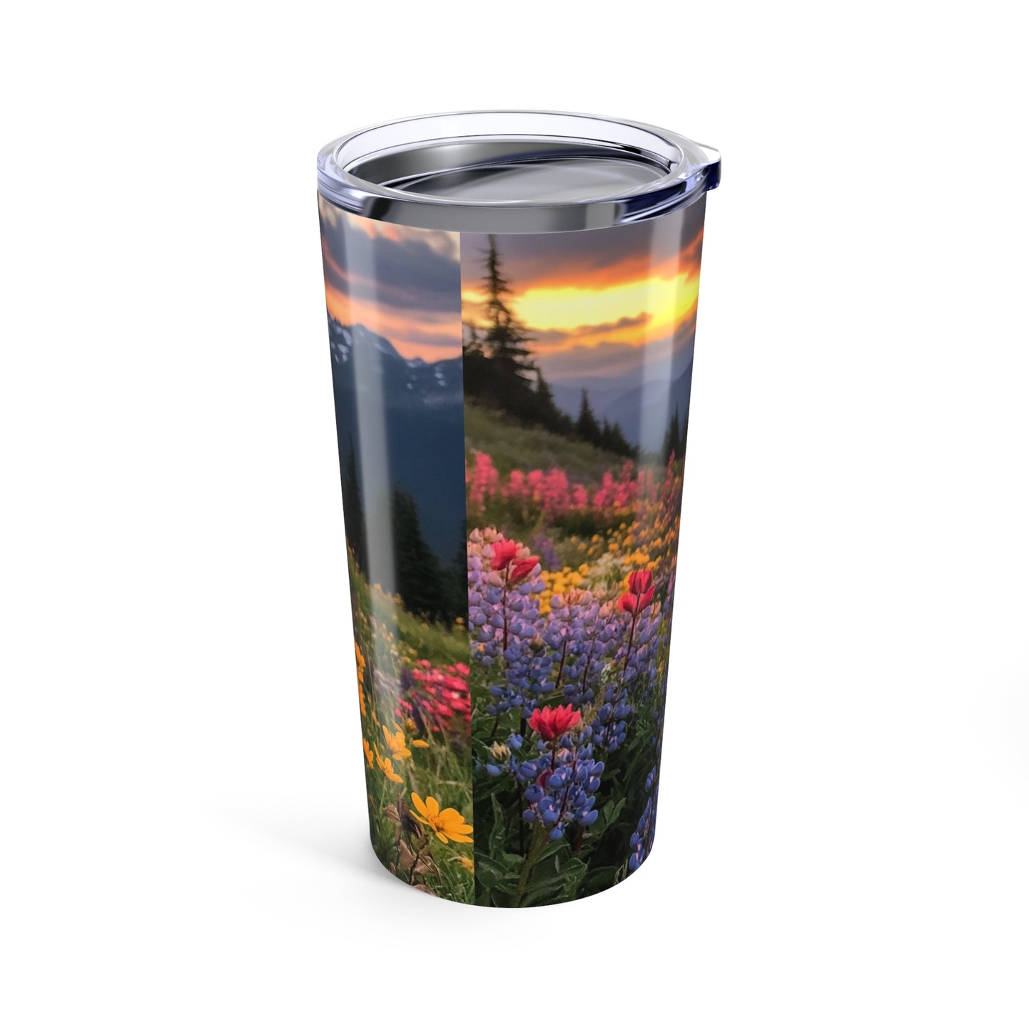 Colorful sunset nature travel mug featuring vibrant flowers and mountains for nature lovers