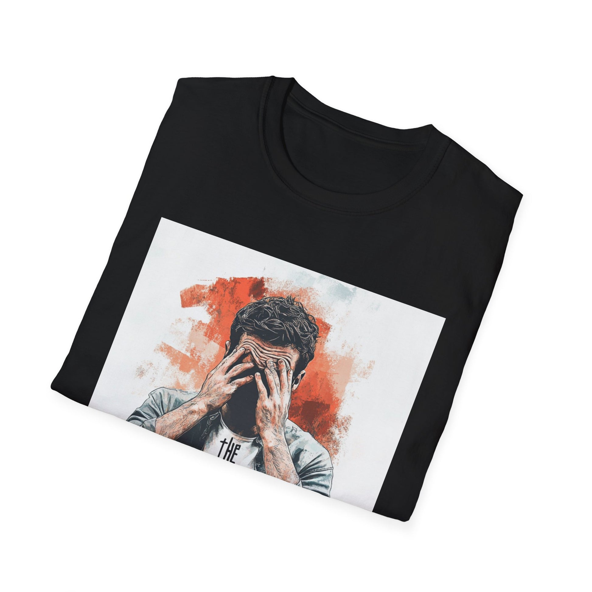 The world is a stage graphic t-shirt in black with an artistic design featuring a figure holding their head