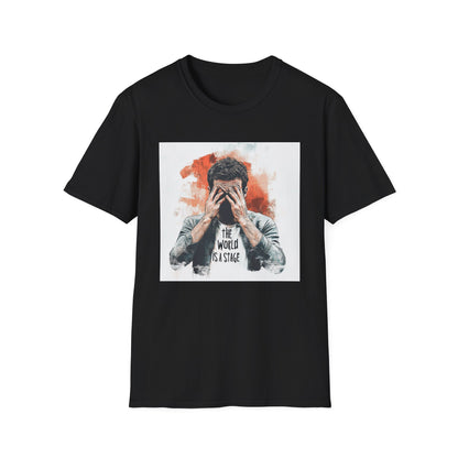 Black graphic t-shirt featuring the world is a stage graphic design on front
