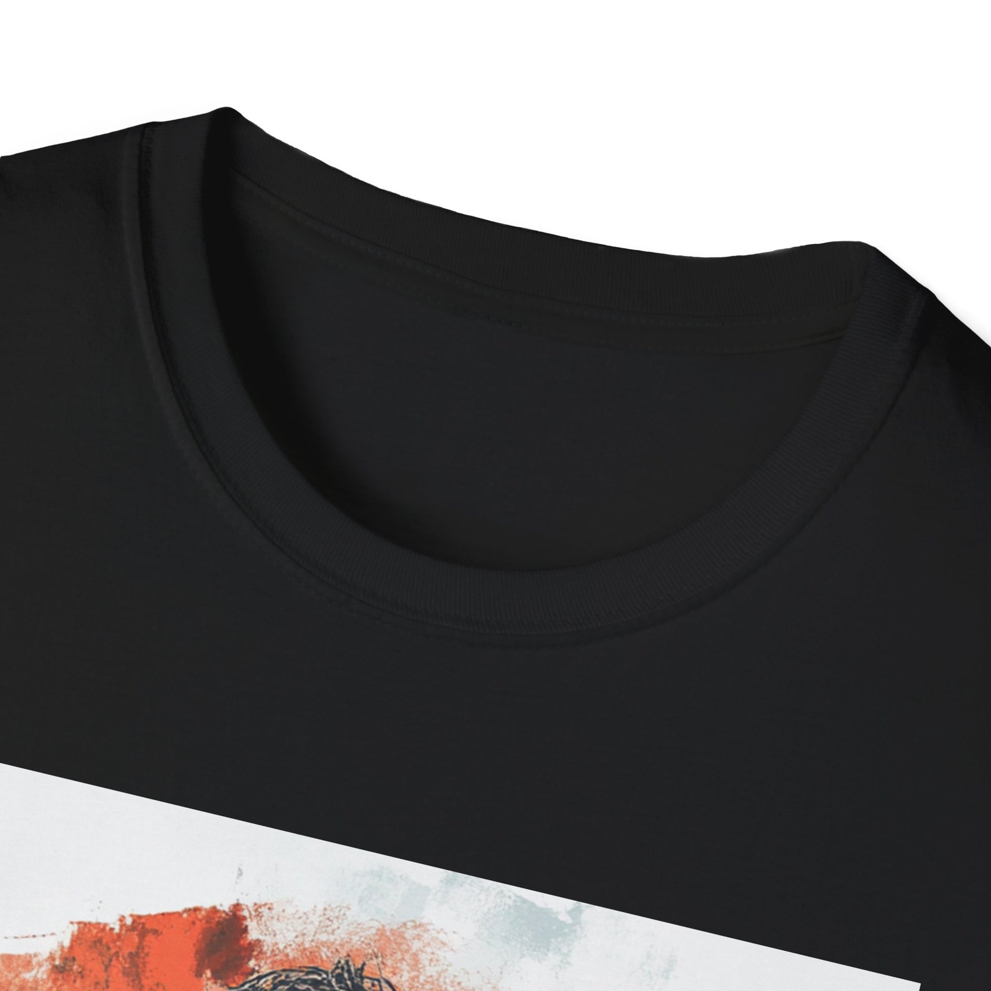 Close-up of the collar on a black the world is a stage graphic t-shirt with artistic design