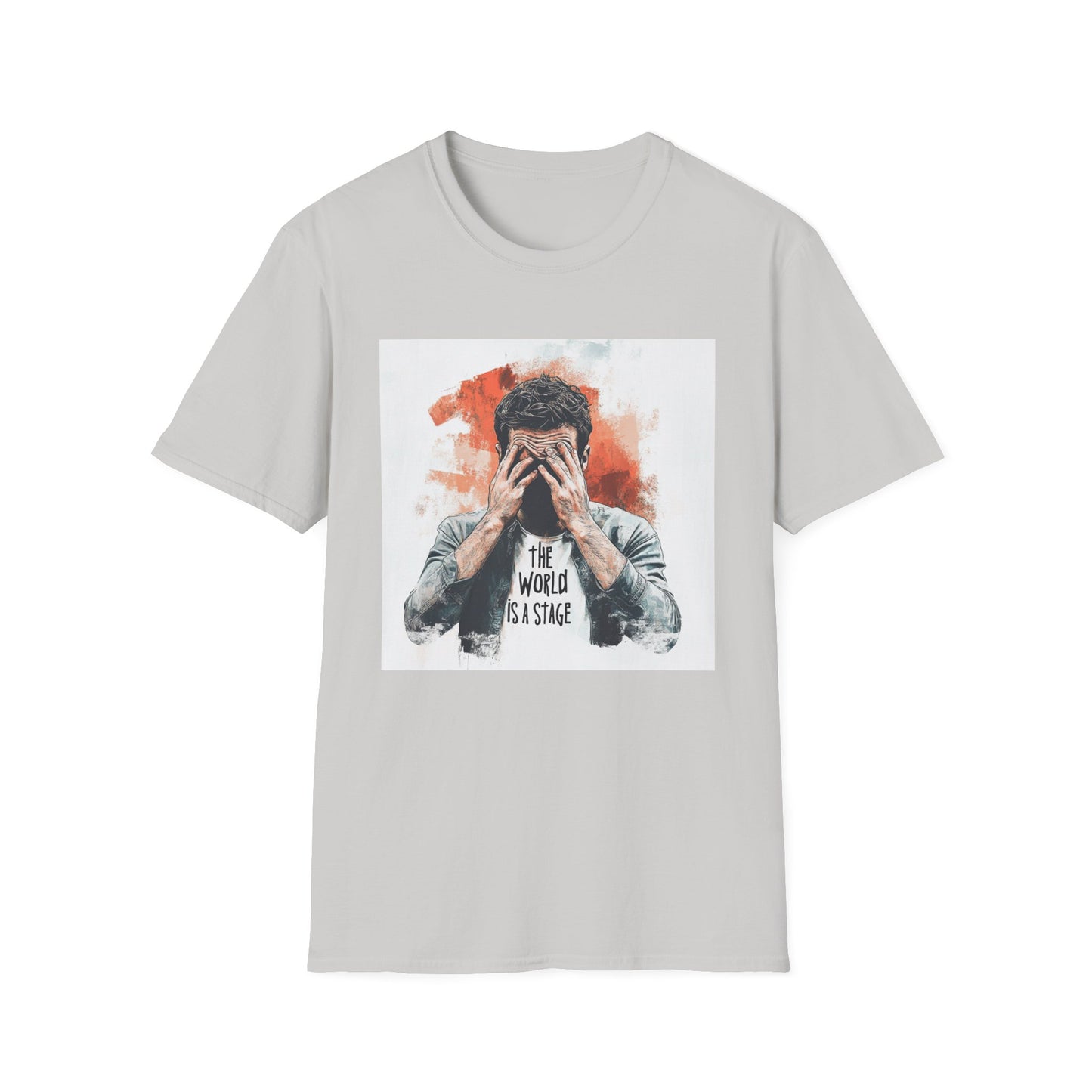 Light gray the world is a stage graphic t-shirt featuring an artistic design with a person covering their face