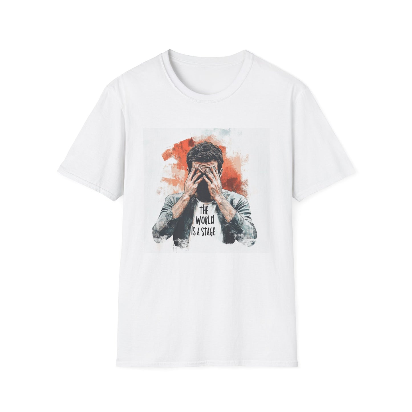 White the world is a stage graphic t-shirt featuring artistic design of a person concealing their face