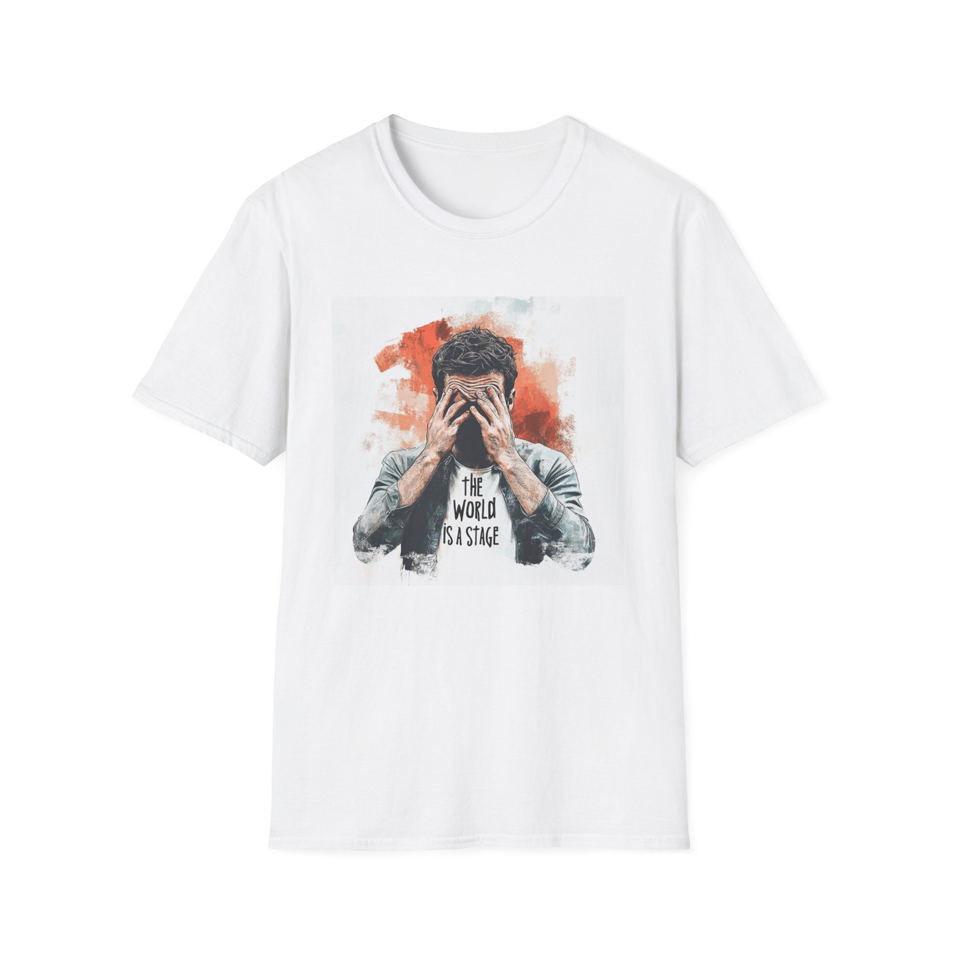 White the world is a stage graphic t-shirt featuring artistic design of a person concealing their face