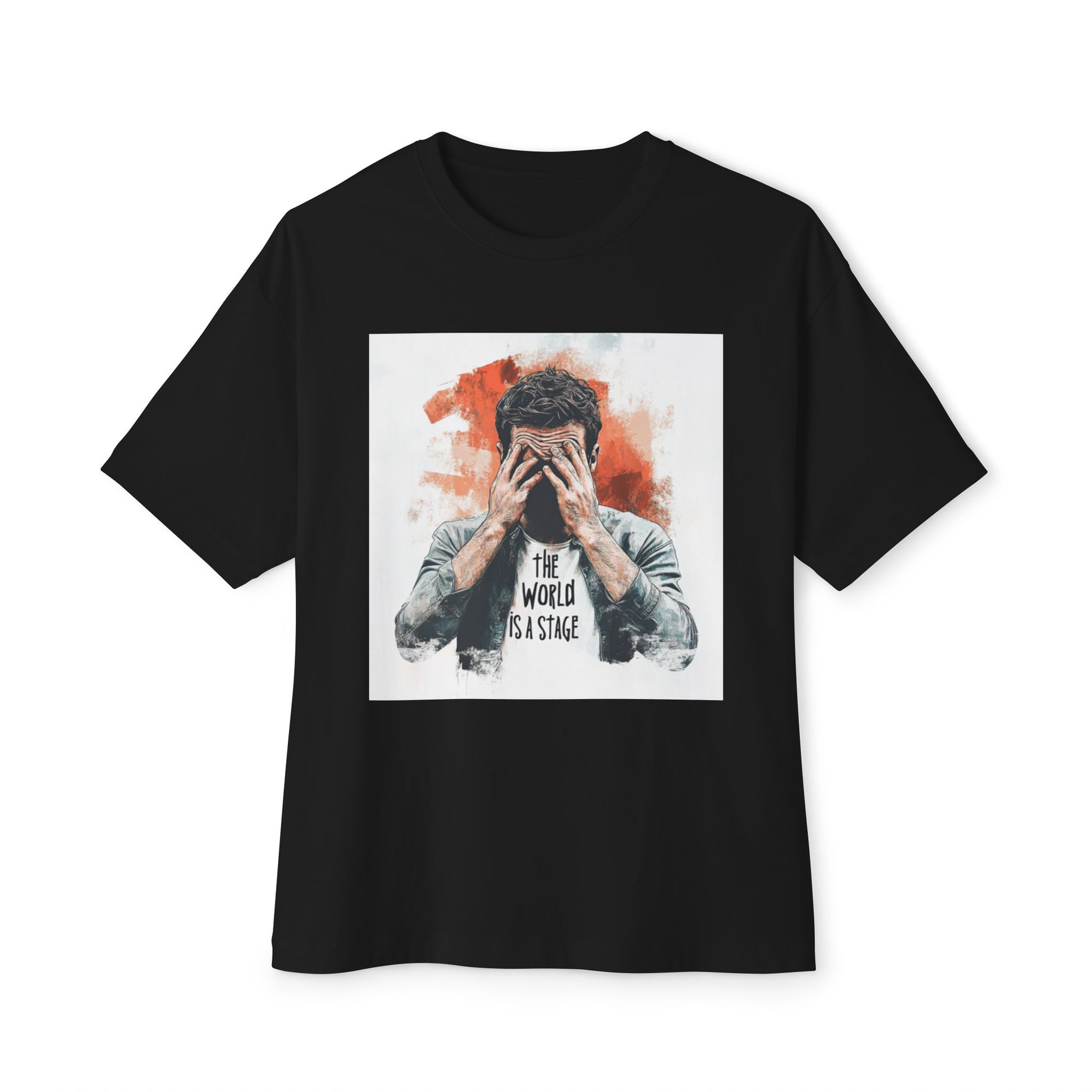 Black the world is a stage t-shirt featuring a distressed graphic design of a man with hands on his face