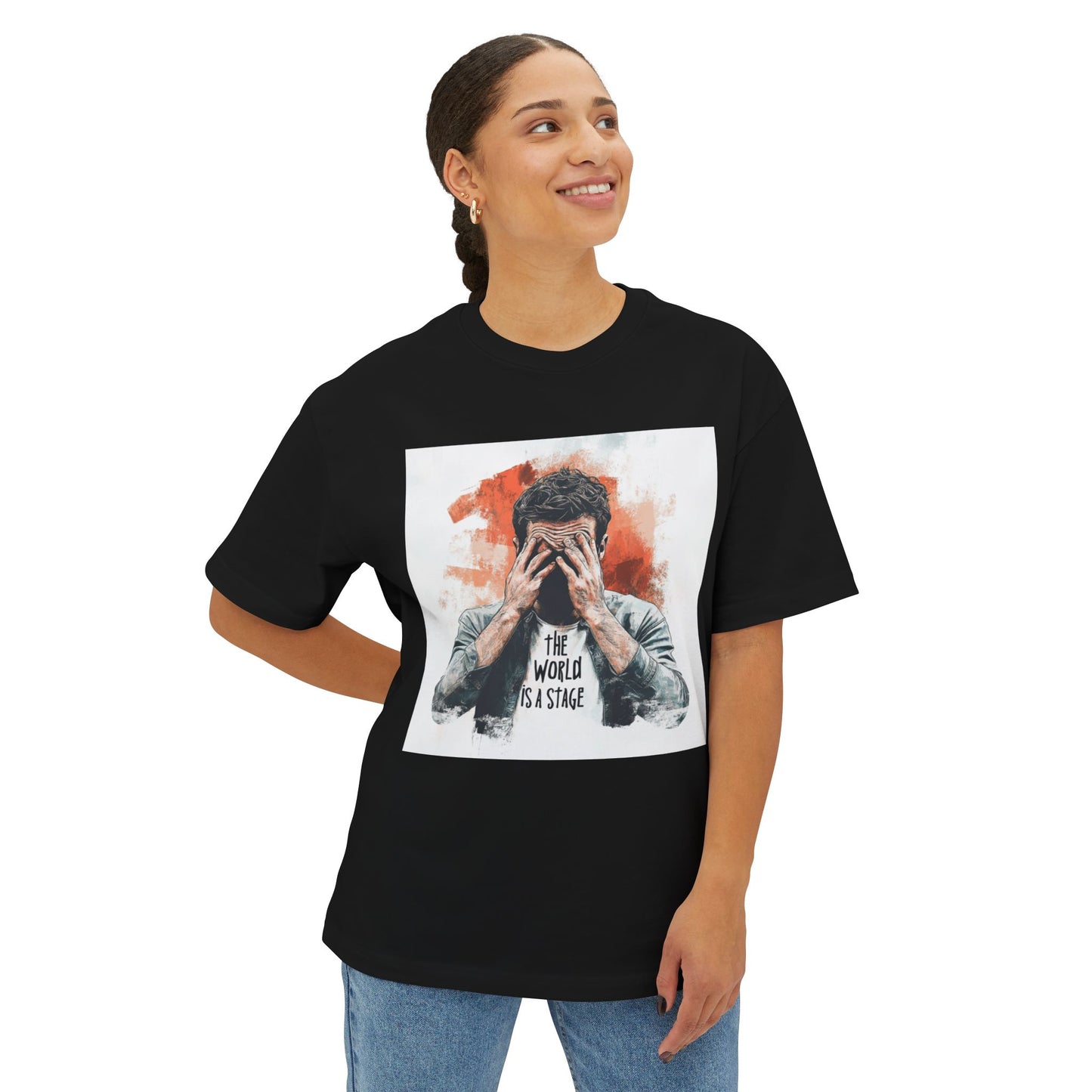 Black T-Shirt featuring artistic design with text 'the world is a stage t-shirt' for casual wear