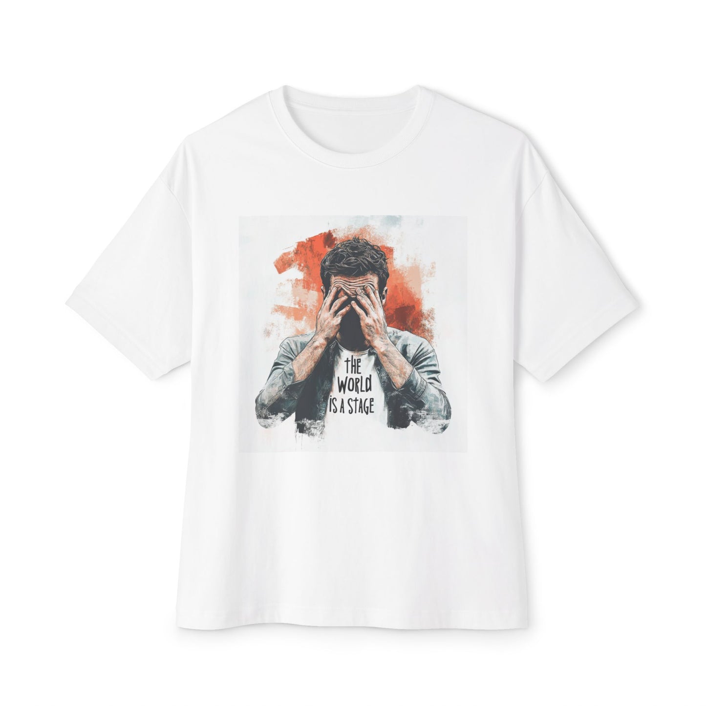 White the world is a stage t-shirt featuring a graphic print of a man holding his head in thought