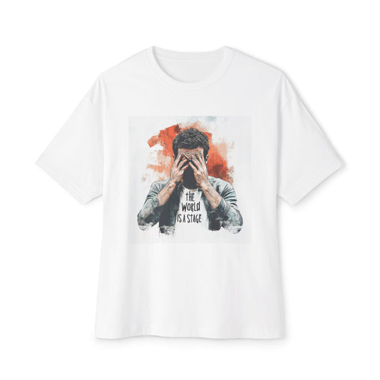 White the world is a stage t-shirt featuring a graphic print of a man holding his head in thought