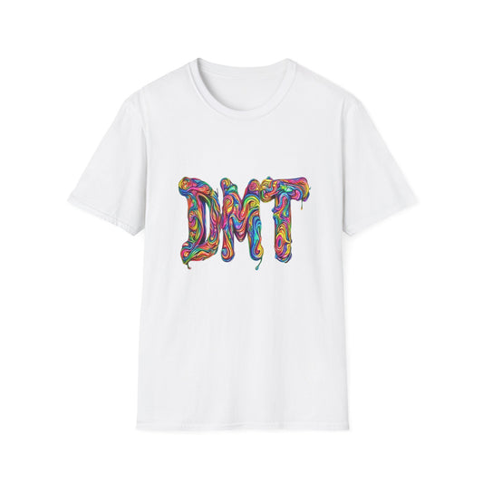 Colorful trippy DMT t-shirt featuring a psychedelic design on a white background