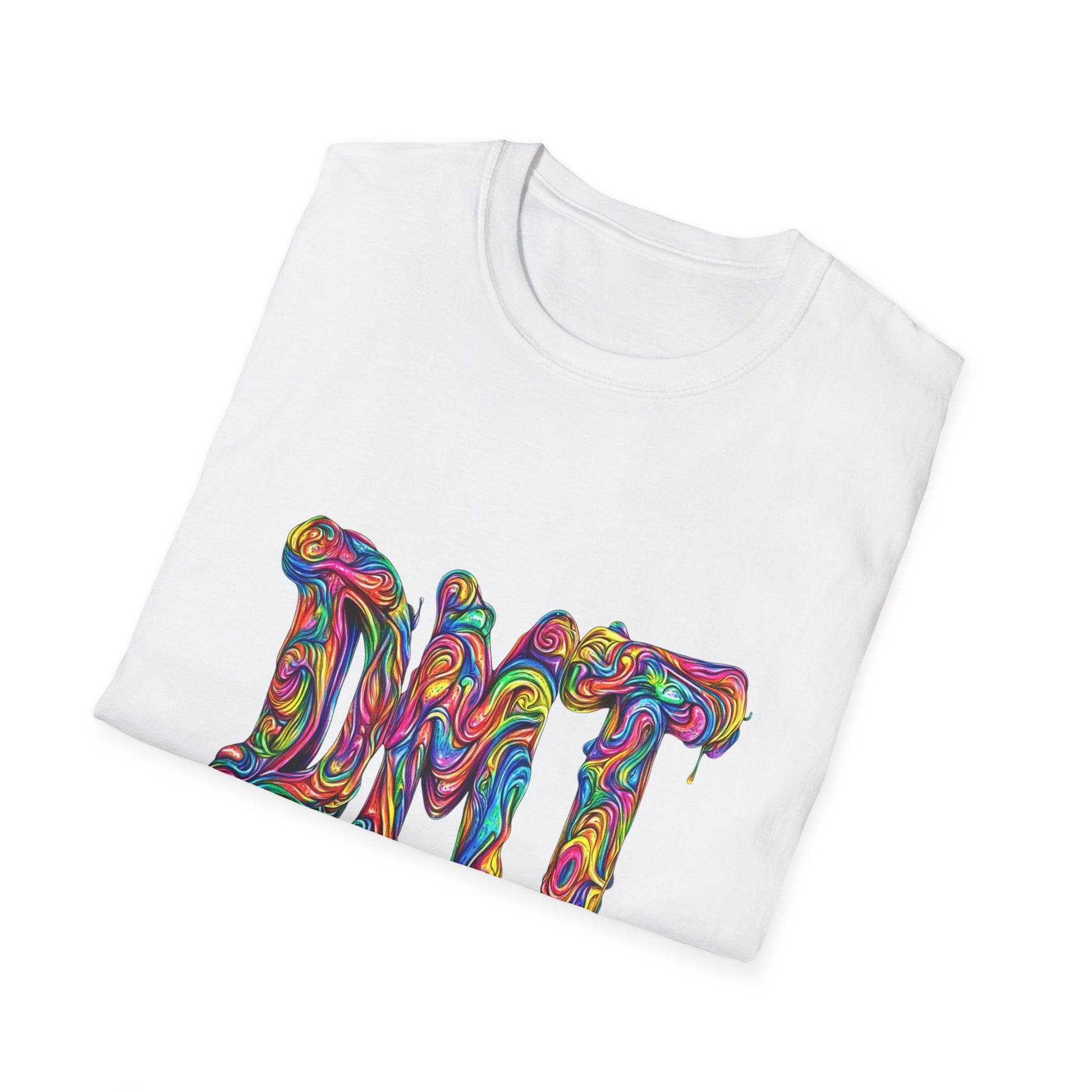 White trippy DMT t-shirt featuring colorful psychedelic lettering design
